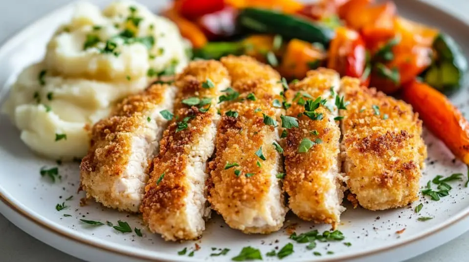 Delicious baked chicken cutlets recipes with crispy golden-brown breading, served with mashed potatoes and roasted vegetables