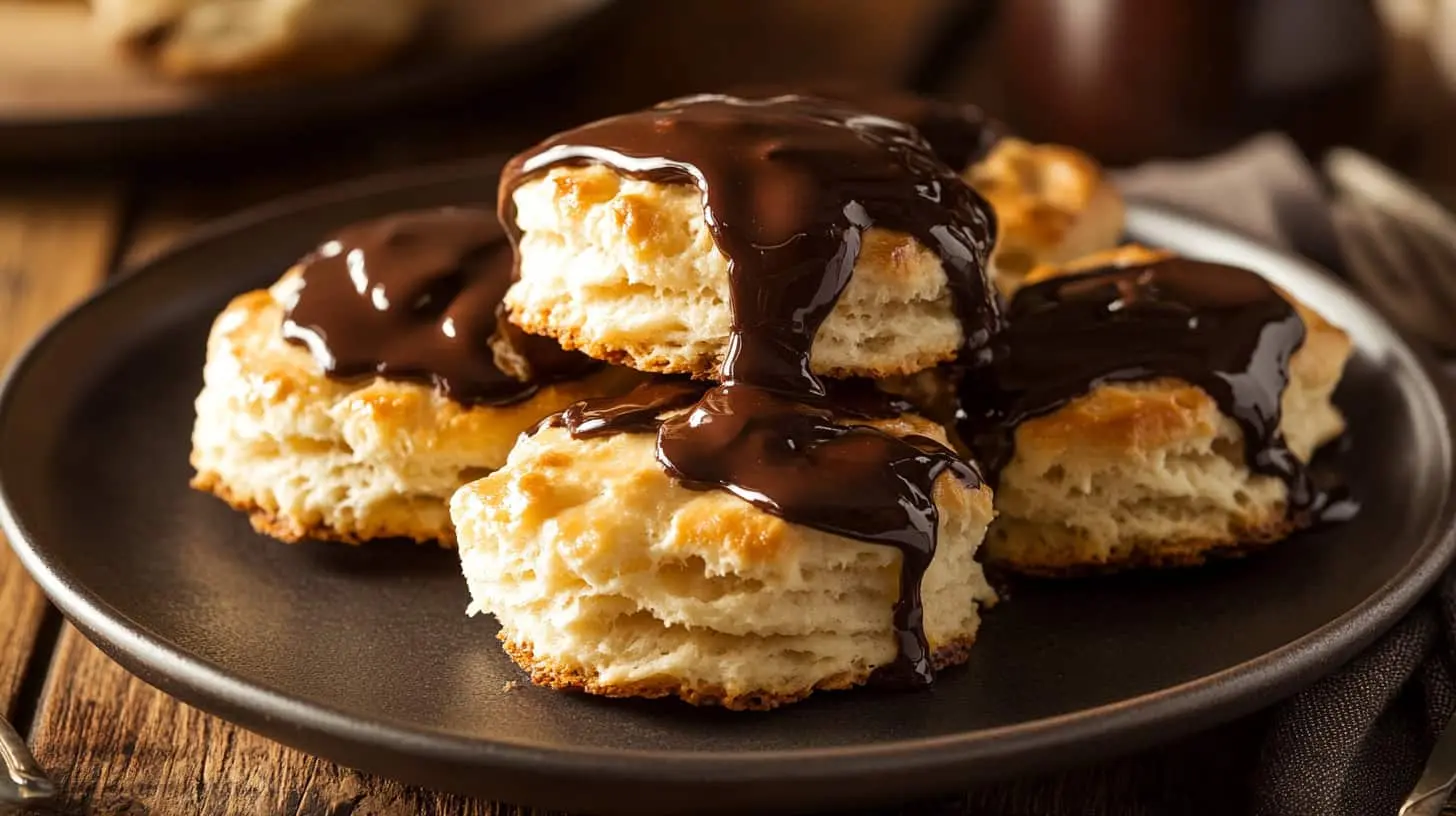 Flaky homemade biscuits drizzled with rich, glossy chocolate gravy recipe, served on a rustic black plate