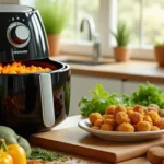 A modern kitchen with fresh vegetables, herbs, and an air fryer on the countertop, ready for cooking