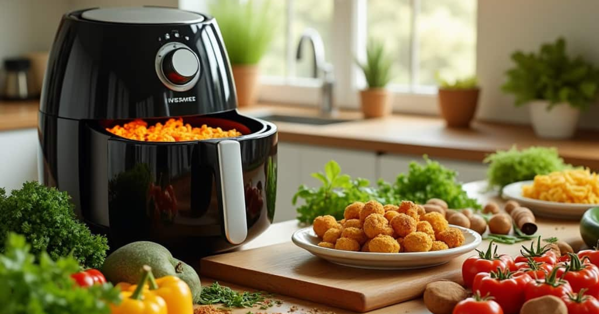 A modern kitchen with fresh vegetables, herbs, and an air fryer on the countertop, ready for cooking