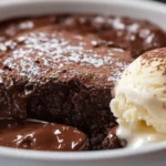 A rich and gooey Chocolate Pudding Cake Recipe in a white porcelain dish, with a spoon revealing the warm fudge sauce beneath a moist cake layer