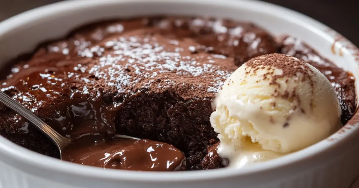 A rich and gooey Chocolate Pudding Cake Recipe in a white porcelain dish, with a spoon revealing the warm fudge sauce beneath a moist cake layer