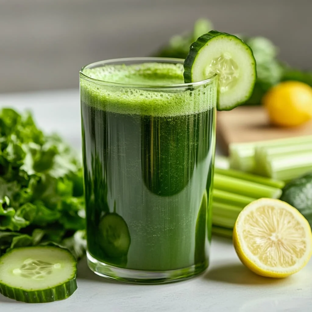 Glass of green detox juice with fresh spinach, cucumber, and lemon, showcasing a refreshing and healthy juice cleanse recipe