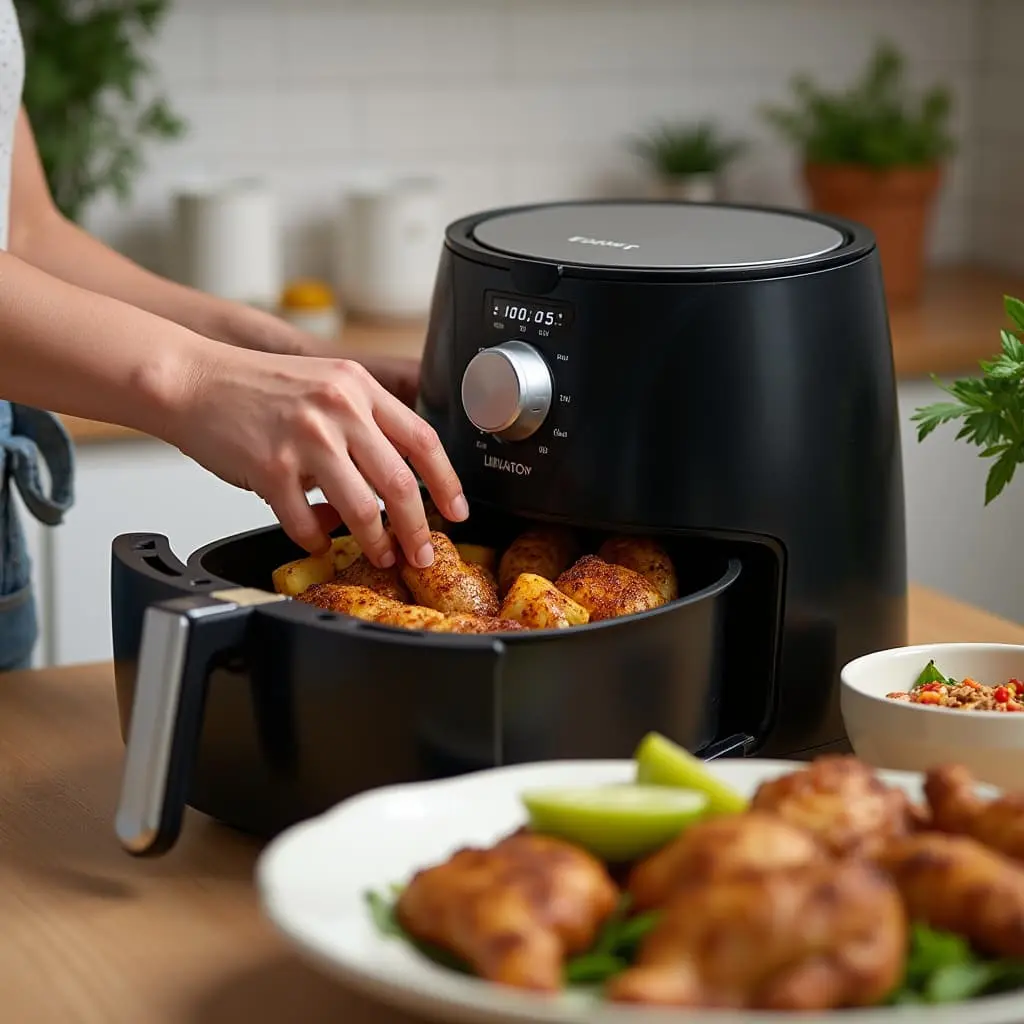 How to Make Air Fryer Delicacies A person placing seasoned vegetables or chicken into an air fryer basket for cooking.