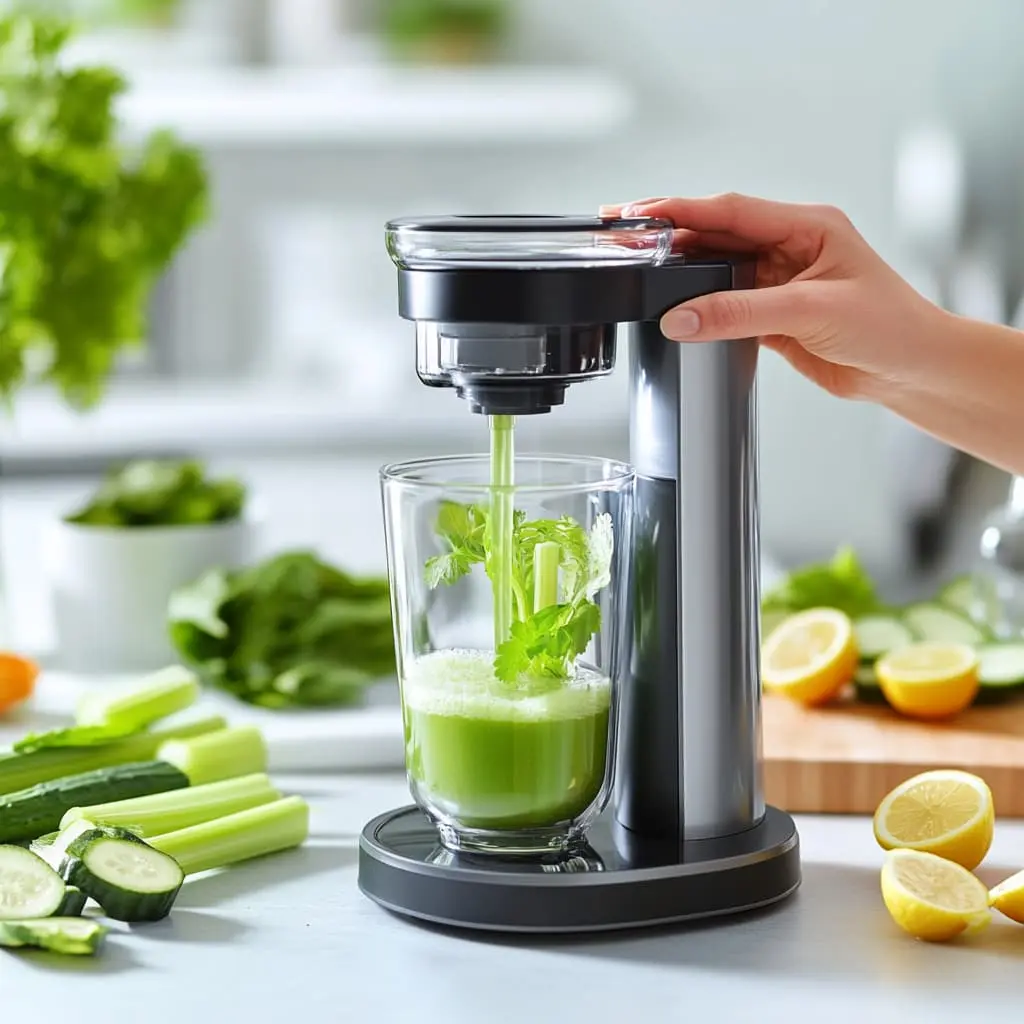 Step-by-step process of making juice cleanse recipes, with a hand using a juicer to extract fresh juice from spinach, cucumber, and lemon, showcasing a healthy juice cleanse