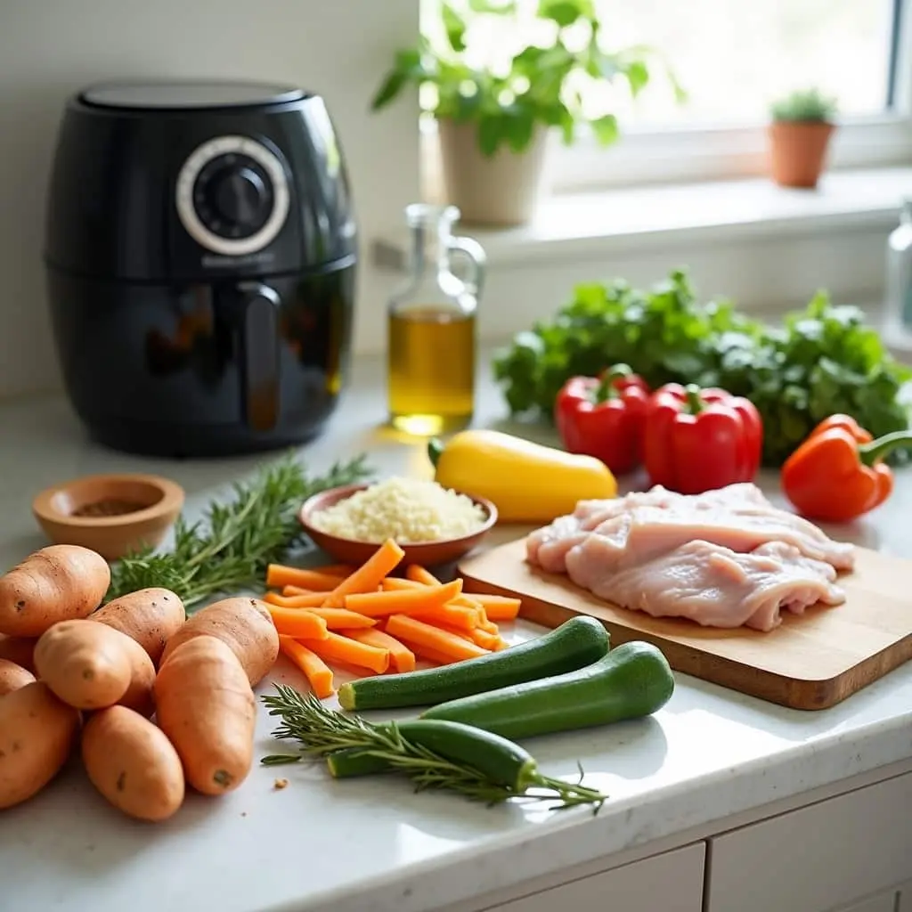 Fresh ingredients  for Air Fryer Delicacieslike vegetables, spices, and proteins laid out on the kitchen counter for air fryer recipes