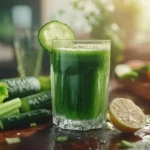 Green detox juice surrounded by fresh ingredients like spinach, celery, cucumber, and lemon, perfect for juice cleanse recipes