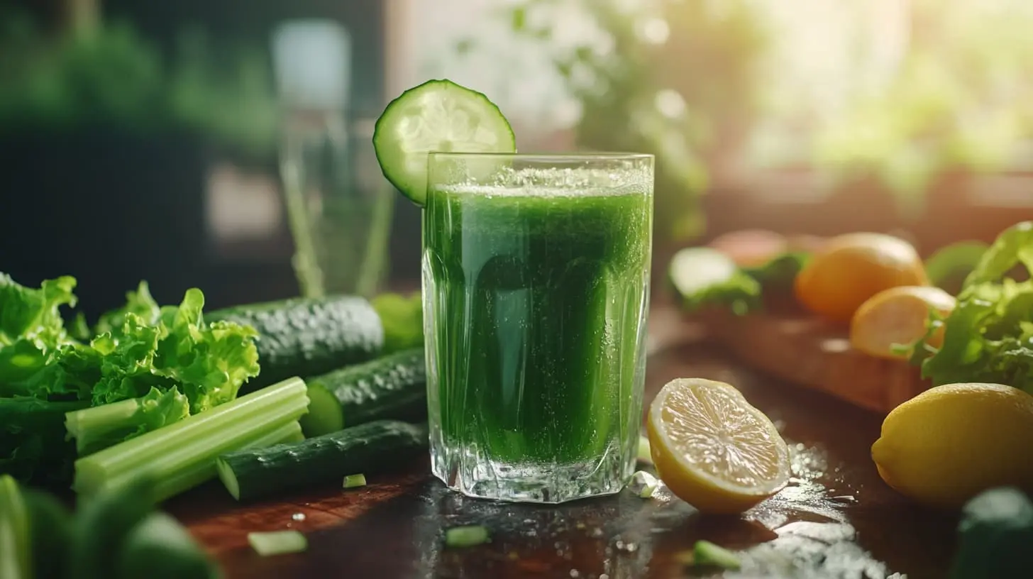 Green detox juice surrounded by fresh ingredients like spinach, celery, cucumber, and lemon, perfect for juice cleanse recipes